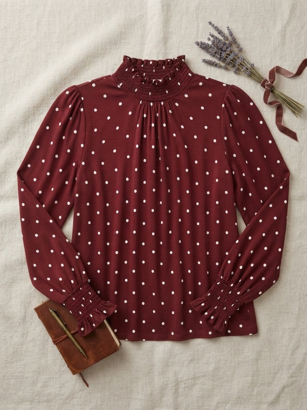 RW&CO. Burgundy Polka Dot Smocked Mock Neck Ruffle Blouse Top Size Small